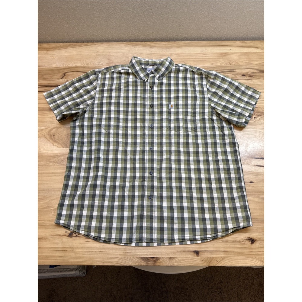 Carhartt 103005 Mens Essential Green Plaid Button Up Short Sleeve Shirt Size 2XL